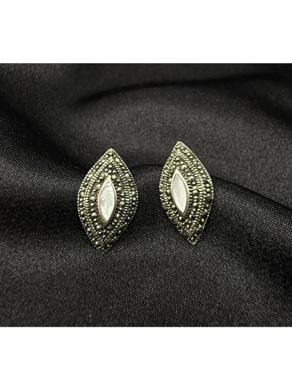 Vintage 1990s Mother Of Pearl & Marcasite 925 Sterling Silver Earrings Teardrop